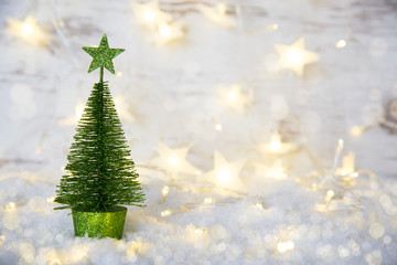 Green Christmas Tree, Fairy Lights, Star, Snow
