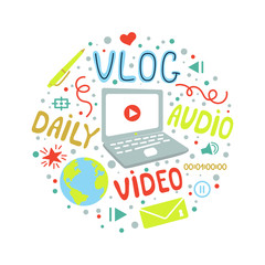 Vlog or video blogging or video channel set with handdrawn elements. Vector illustration made in doodle style, colourful design. Poster or t-shirt design