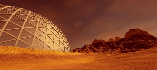Extremely detailed and realistic high resolution 3d illustration of a colony on mars like planet. Elements of this image are furnished by Nasa.