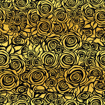 Seamless black rose pattern on gold background. Vector illustration.