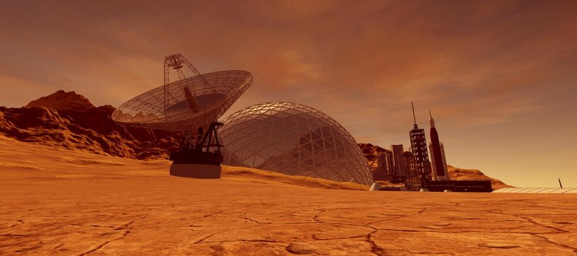 Extremely detailed and realistic high resolution 3d illustration of a colony on mars like planet. Elements of this image are furnished by Nasa.