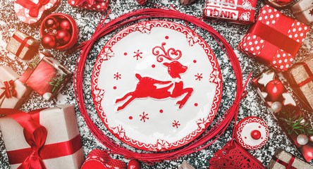 Greeting card for winter holidays. With red Merry Christmas items. Xmas background, top view
