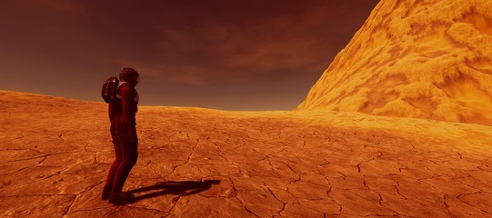 Extremely detailed and realistic high resolution 3d illustration of a human on a mars like planet