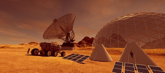 Extremely detailed and realistic high resolution 3d illustration of a colony on mars like planet. Elements of this image are furnished by Nasa. © Sasa Kadrijevic