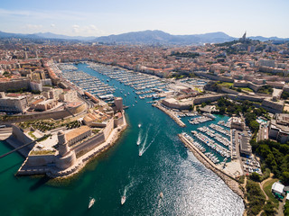 Aerial view of Marseille pier - Vieux Port, Saint Jean castle, and mucem in south of France - obrazy, fototapety, plakaty
