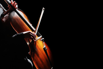 Cello player. Cellist hands playing cello - obrazy, fototapety, plakaty
