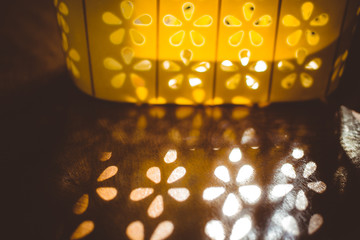 Yellow basket on the table, play of light
