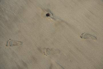 Fototapeta na wymiar baby footprints on wet sand and smooth pebble