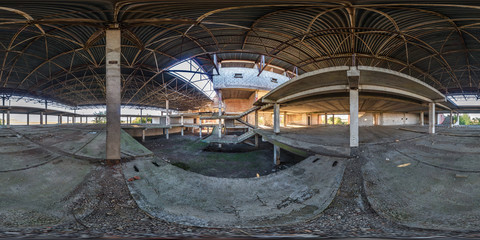 Full spherical seamless 360 degrees angle view panorama concrete structures abandoned unfinished building of airport in equirectangular equidistant projection, VR AR content