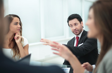 close up. Manager at an office business meeting.