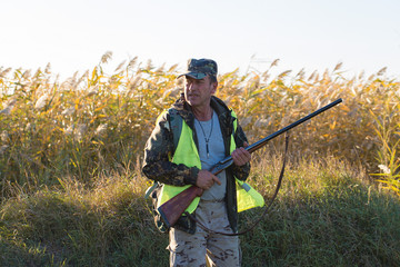 Hunter with a german drathaar and spaniel, pigeon hunting with dogs in reflective vests	
