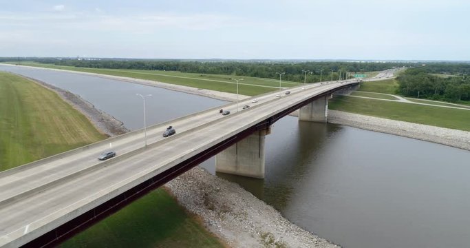 Highway traffic on a bridge across the Chain of Rocks Canal of the Mississippi River above St Louis, aerial view