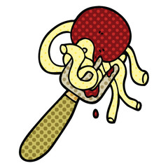 comic book style cartoon spaghetti and meatballs on fork