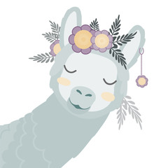 cute vector portrait of animal: Llama with circlet of flowers