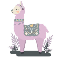 cute vector animal: Cartoon llama with decorative coverlet, earring and collar