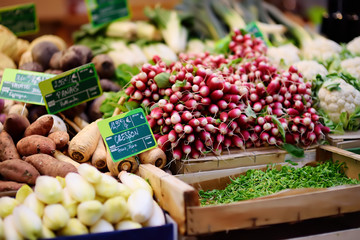 Fresh bio vegetables and herbs on farmer market in Strasbourg, France