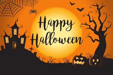 Gordijnen Happy Halloween Spooky Nighttime Scene Horizontal Background 1 © kayteedesign