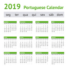 2019 Portuguese European Calendar. Week starts on Monday