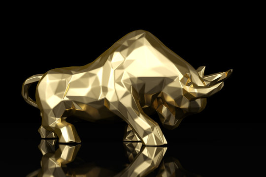 A golden bull on black background 3D illustration.