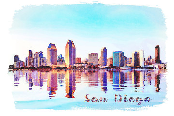 Watercolor painting from photograph of San Diego Skyline at sunset from Coronado