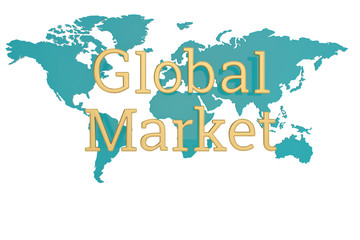 Fototapeta na wymiar Golden global market word and world map isolated on white background 3D illustration.