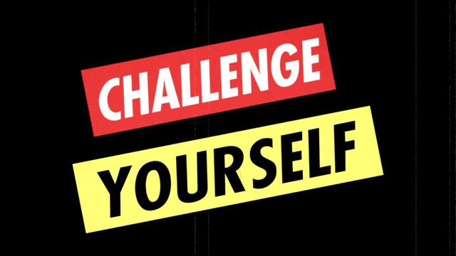 Two angled lines with the text Challenge Yourself appearing on the screen, 1970s progressive poster film style, faded colors, dust, scratches and flickering. White, red and yellow.
