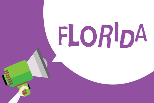 Word writing text Florida. Business concept for State in southeastern region of United States Sunny place Beaches Man holding megaphone loudspeaker speech bubble message purple background