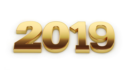 New 2019 year golden isolated on white background. 3D rendered Illustration for advertising.