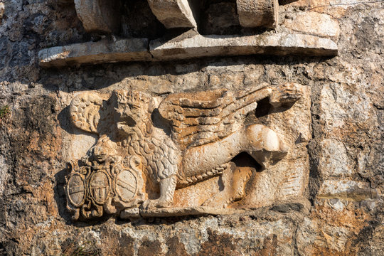 The medieval Venetian lion of St. Mark on the fortification wall of Budva, Montenegro.
