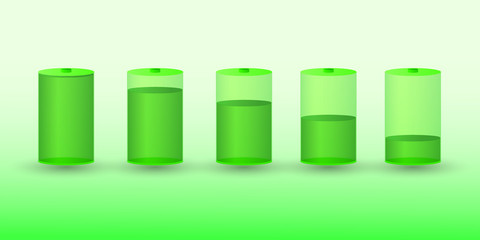 A set of green rechargeable battery with different charge levels vector illustration