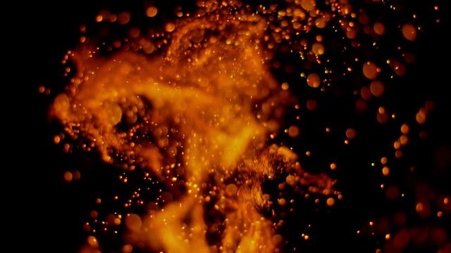 Fire flames and sparks in super slow motion isolated on black, shooting with high speed cinema camera at 4K