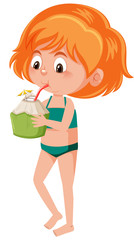Obraz premium A ginger girl drinking coconut