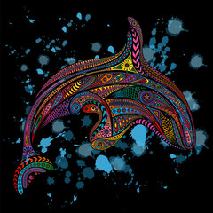 Vector killer whale from patterns on a black background with water drops