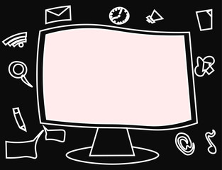 Flat design business Vector Illustration concept Empty template copy space Posters coupons promotional material. Web Application Software icons Surrounding Blank Mounted Computer Monitor