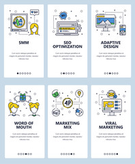 Vector web site linear art onboarding screens template. Online marketing mix. Menu banners for website and mobile app development. Modern design flat illustration.