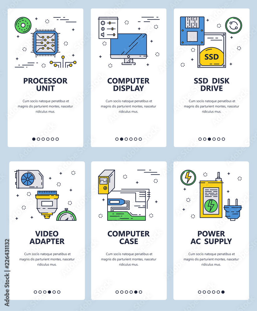 Poster vector web site linear art onboarding screens template. chip, hardware and computer parts. menu bann