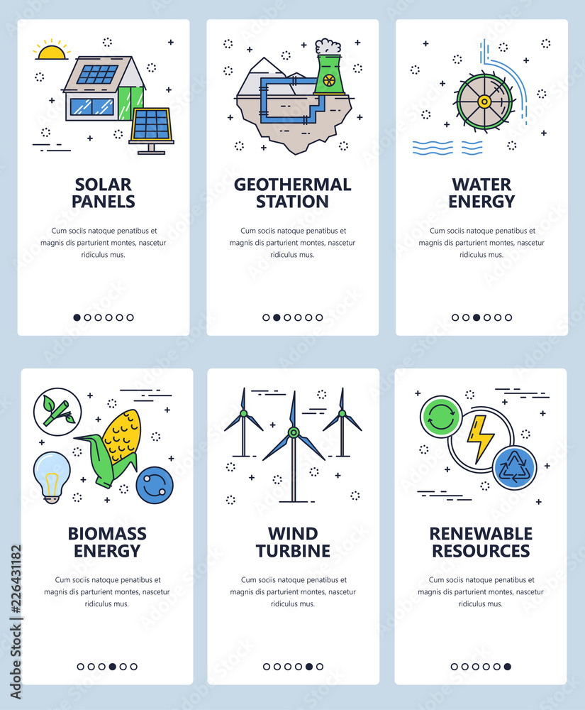 Wall mural vector web site linear art onboarding screens template. renewable alternative energy sources and pow
