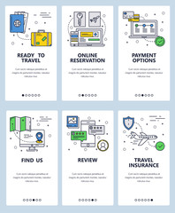 Vector web site linear art onboarding screens template. Travel and online booking concept icons. Menu banners for website and mobile app development. Modern design flat illustration.