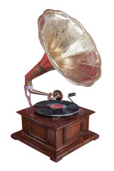 antique brass and wooden gramaphone on white background,copy space