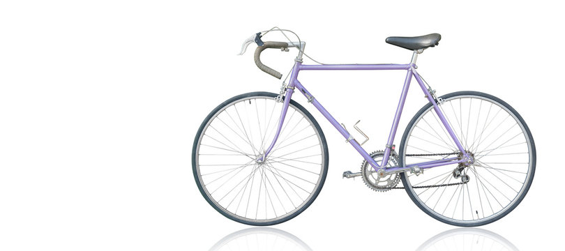side view Di cut old purple bicycle on white background,copy space