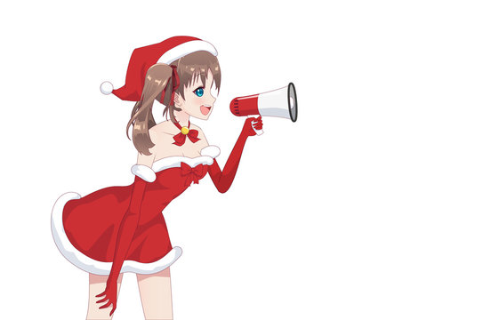 Anime manga girl dressed in Santa Claus costume