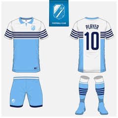 Obraz premium Soccer jersey or football kit, shorts, sock template design for sport club. Football t-shirt mock up. Front and back view soccer uniform. Flat football logo design on blue label. Vector Illustration.