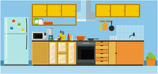 Modern kitchen set with refrigerator, dishwasher, gas stove, table, and cupboard