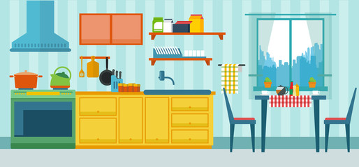 Vector illustration of kitchen with the furniture and creative interior