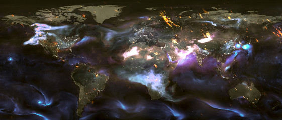 Landscape of planet Earth with clouds and night lights. Elements of this image furnisfurnished by NASA.