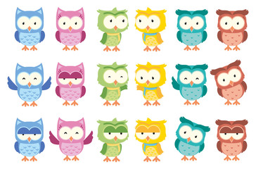 Cute Owl Funny Cartoon Isolated Vector Set 
