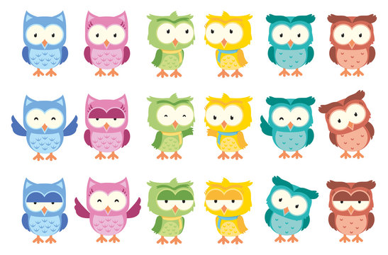 Cute Owl Funny Cartoon Isolated Vector Set 