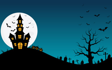 Halloween haunted house and full moon with ghost,horror night background.Vector illustration