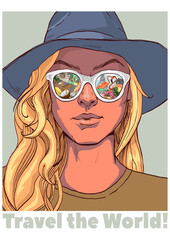Portrait of beautiful girl in a hat and sunglasses. Glasses reflect the sea shore and flamingos. Poster with slogan travel the world! Vector illustration. Hand drawn sketch.