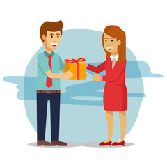 Fototapeta premium Young man give a parcel to a women in red